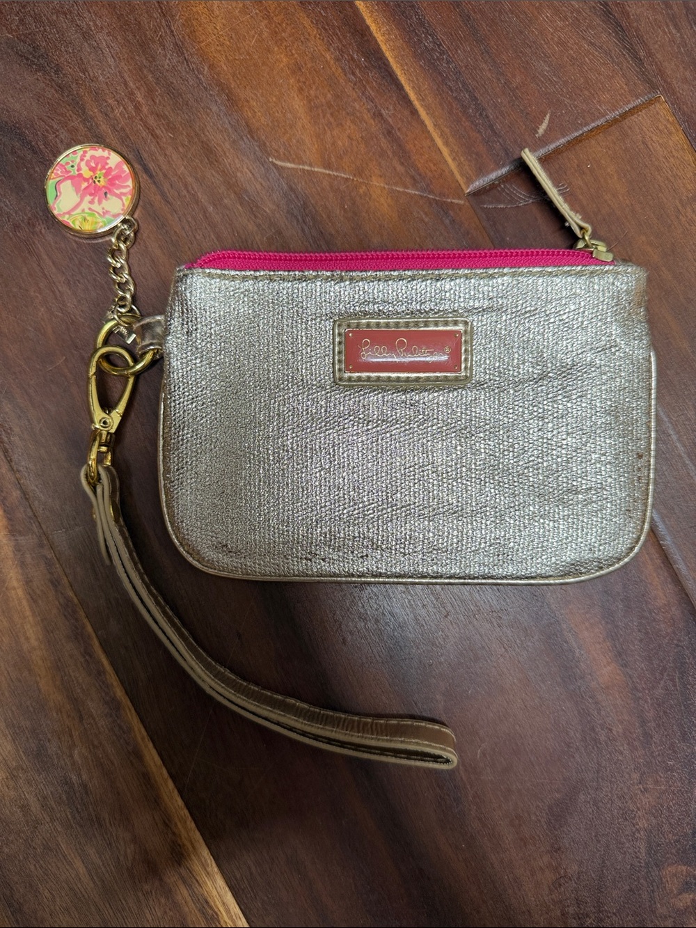 Lilly Pulitzer Metallic Gold Wristlet with Bright Pink Zip